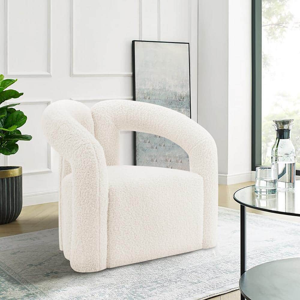 Cream Boucle Upholstered Modern Accent Chair with Pine Wood Frame