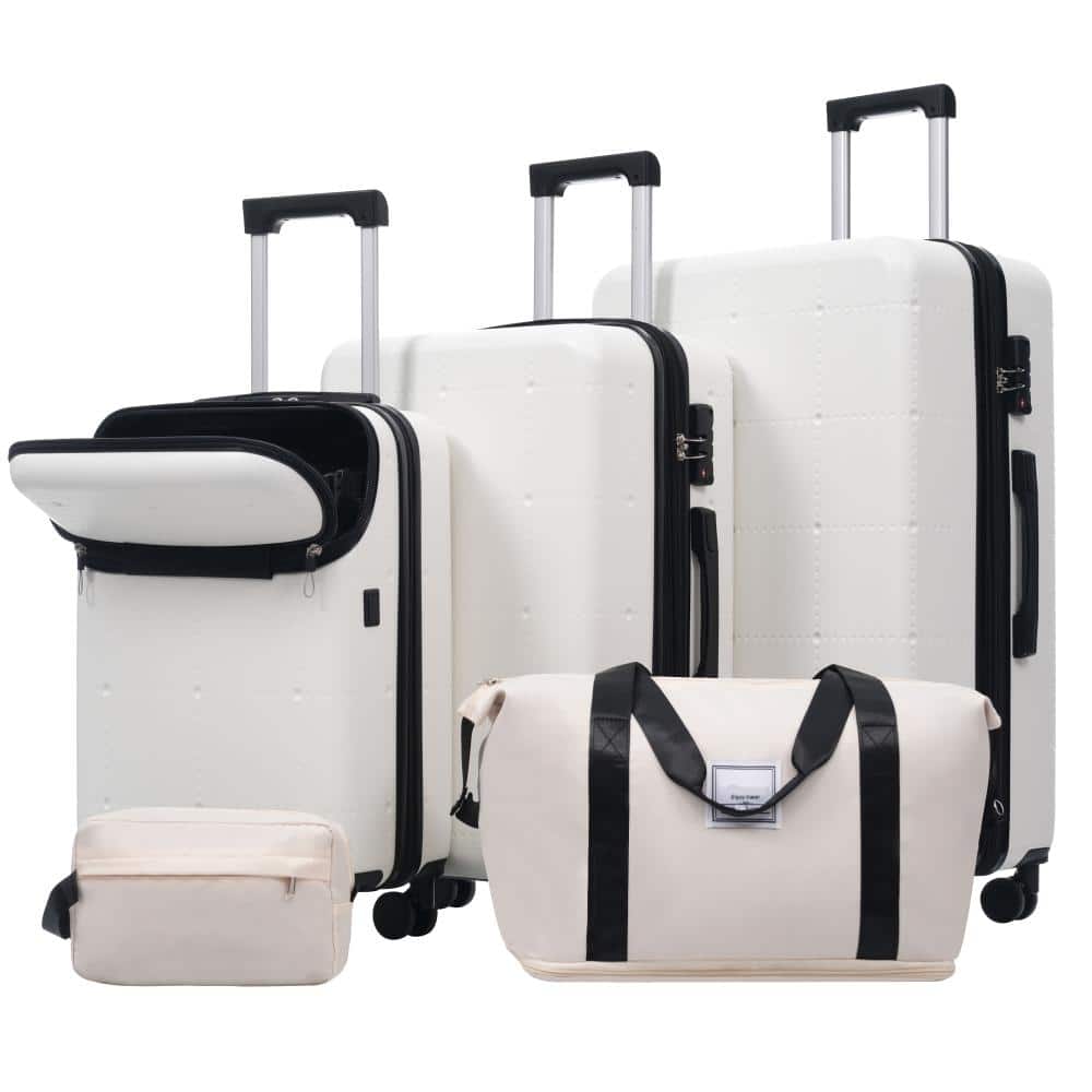 5 of Pieces White ABS Hardshell Luggage Set with Double Spinner Wheels, Handle, TSA Lock