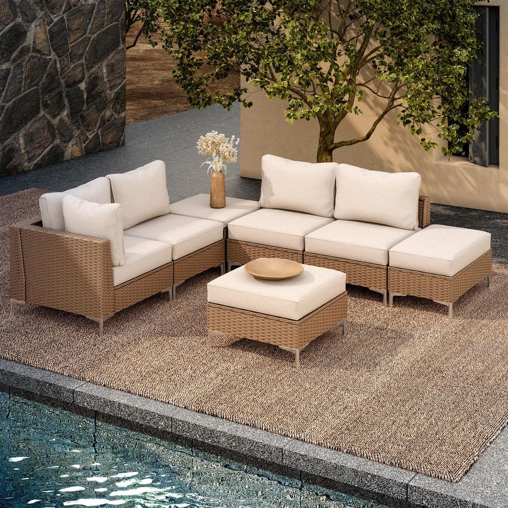 Beige and Brown Steel Frame 7-Piece Outdoor Sectional Sofa Set