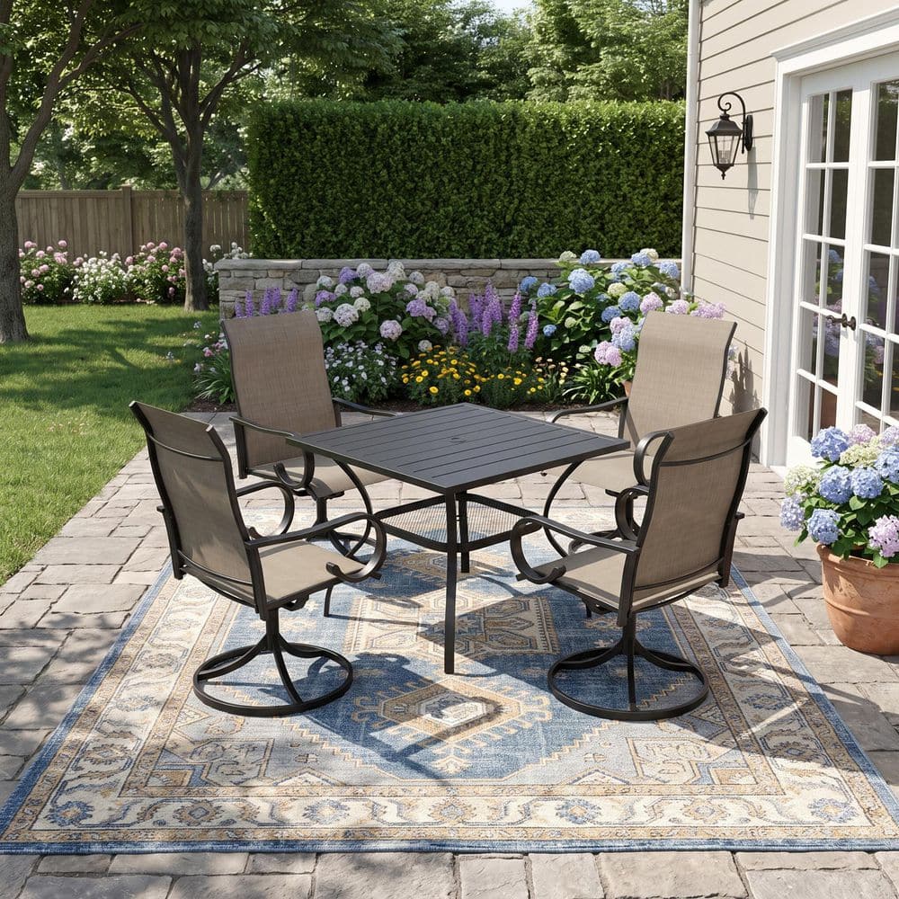 5-Piece Metal Outdoor Dining Set with 37.8 in. Black Square Table and 4 Textilene Swivel Dining Chairs with Brown Fabric price history on PriceWatchPro