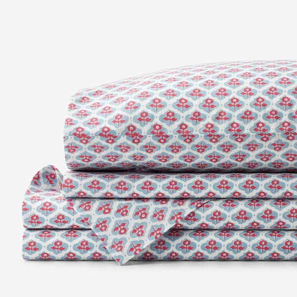 Company Cotton Mini Garden Block Blue/Pink Cotton Percale King Sheet Set