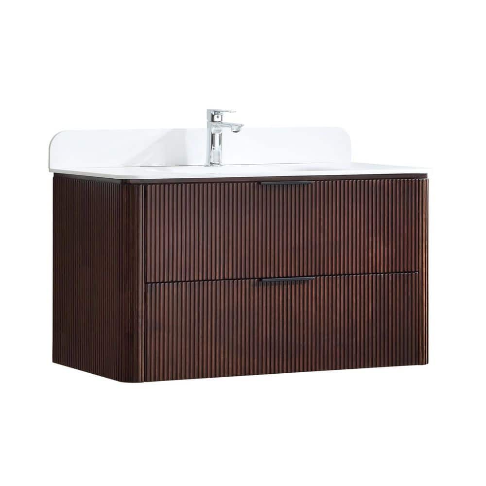 36 in. W x 19 in. D x 20 in. H Brown Wall Mounted Bath Vanity with 1-Sink in Solid Wood with White Acrylic Top price history on PriceWatchPro