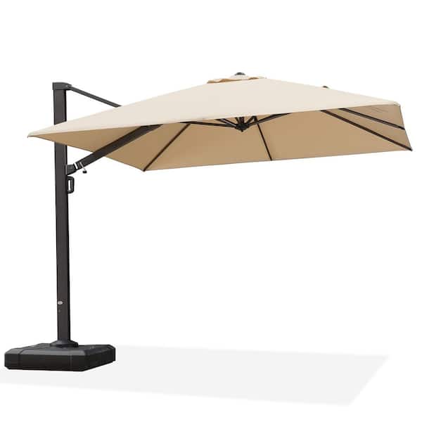 PURPLE LEAF 10 ft. Square Large Outdoor Aluminum Cantilever 360-Degree Rotation Patio Umbrella with Base, Beige