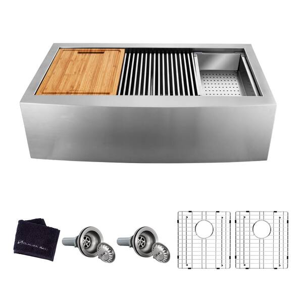 Glacier Bay All In One Apron Front Farmhouse Stainless Steel 33 In 50 50 Double Bowl Workstation Sink With Accessory Kit 4314f The Home Depot