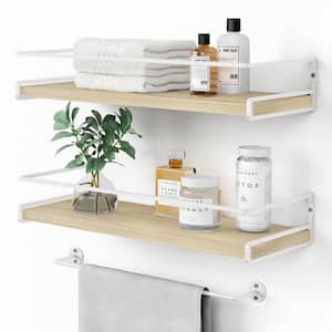 15 in. W x 6 in. D Bathroom Shelves Wall Mounted with Towel Rack Decorative Wall Shelf (Natural-white Set of 2)