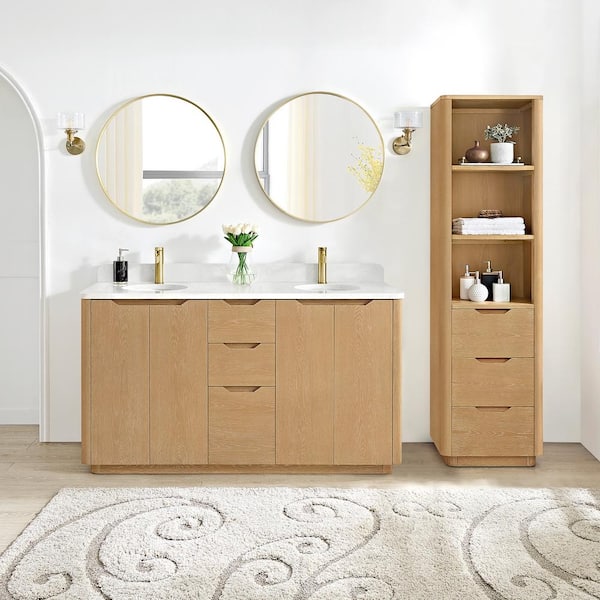 ROSWELL Abuja 60 in. W x 22 in. D x 33.9 in. H Double Bath Vanity in Washed Ash Grey with White Engineered Stone Top