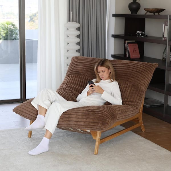 J&E Home Brown Rabbit Hair Plush Fabric Armless Solid Wood Accent Recliner Chair With Bean Cushion