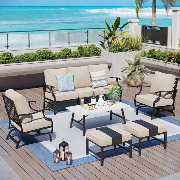 PHI VILLA Black Metal Meshed 7-Seat 6-Piece Steel Outdoor Patio Conversation Set with Beige Cushions and Marble Pattern Table