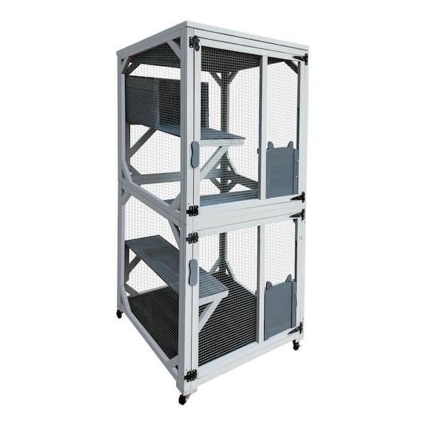 Unbranded 30.7 in. Gray Wood Outdoor Cat Enclosure on Wheels with Napping House, Weatherproof Asphalt Roof, Sliding Doors