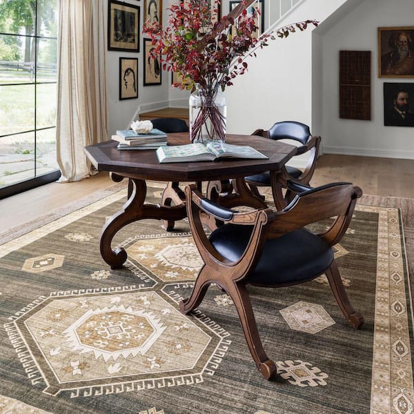 Taro Medallion Machine Washable Dark Brown 9 ft. x 12 ft. Indoor/Outdoor Patio Rug