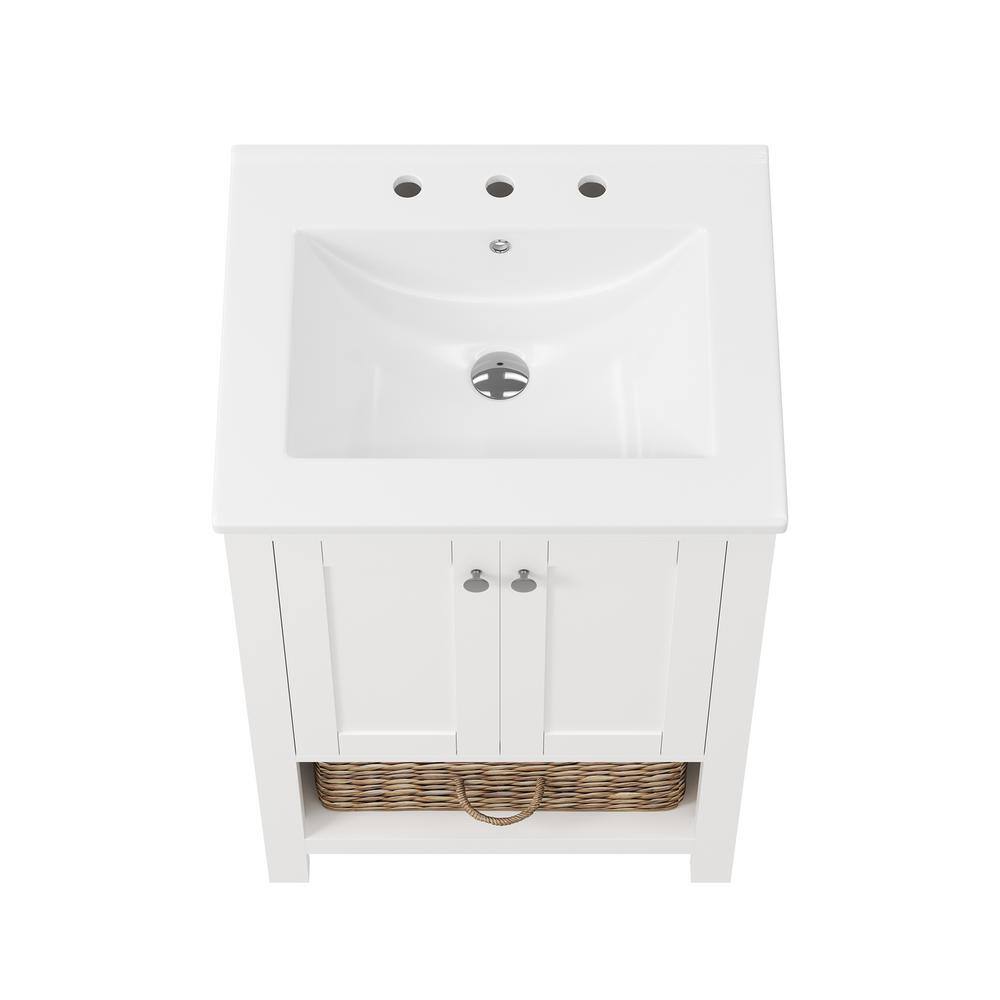 24" White Freestanding Bathroom Vanity with Ceramic Top and Woven Basket