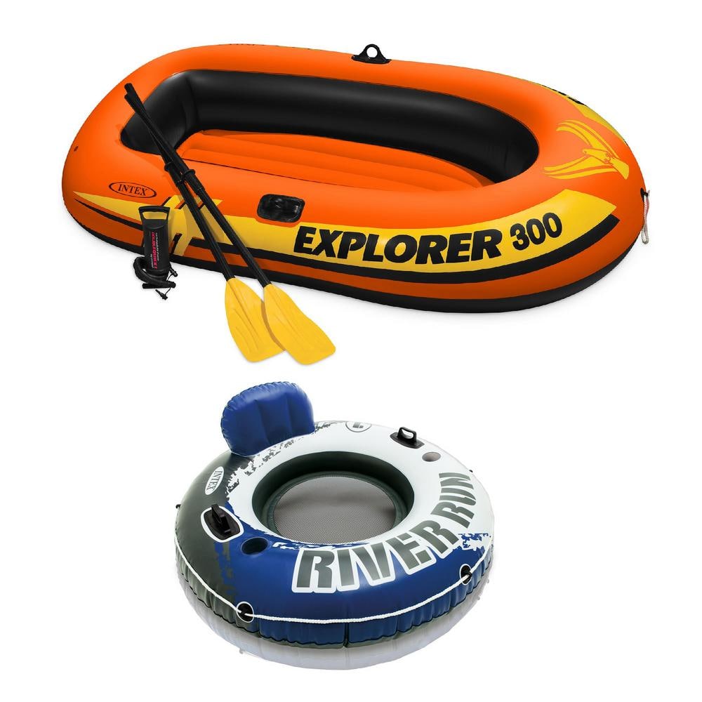 Intex Explorer 300 6.91 ft. Inflatable 3-Person Raft with Pump & Oars and  1-Person Tube 58332EP + 58825EP - The Home Depot