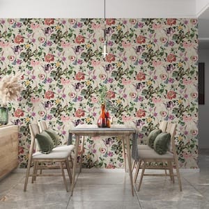 Flora Collection Beige Floral Rhapsody Matte Finish Non-Pasted Vinyl on Non-woven Wallpaper Sample
