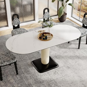 Modern Oval White Composite Rock Stone Tabletop 70.87 in. Beige and Black Fiberglass Pedestal Dining Table (8 -Seats)