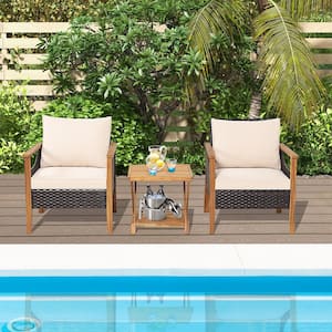 3 Piece PE Wicker Patio Outdoor Bistro Set Acacia Wood Set with 2-Tier Coffee Table and Cushions