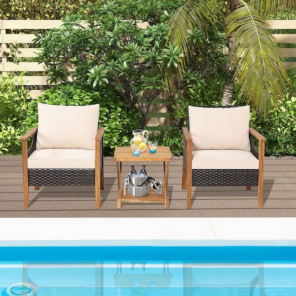 3 Piece PE Wicker Patio Outdoor Bistro Set Acacia Wood Set with 2-Tier Coffee Table and Cushions