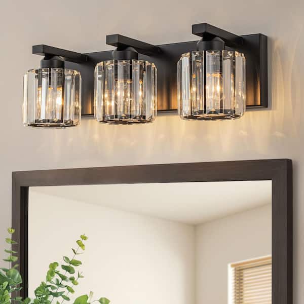 16.93 in. 3 Lights Black Modern/Contemporary Cylinder Clear Crystal Shade Bathroom Vanity Light