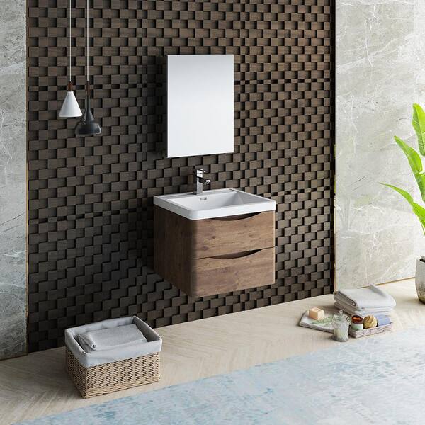 Tuscany 24 in. Modern Wall Hung Bath Vanity in Rosewood with Vanity Top in White with White Basin and Medicine Cabinet