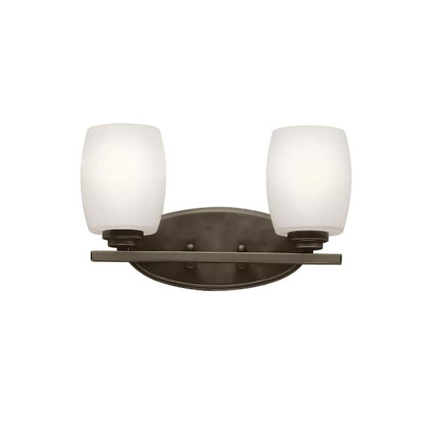 KICHLER Eileen 14.25 in. 2-Light Old Bronze Contemporary Bathroom Vanity Light with Etched Glass Shade
