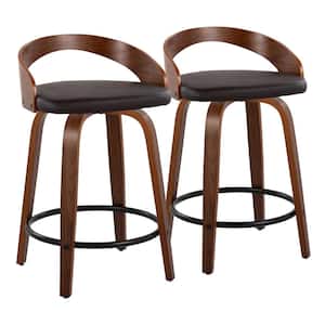 Grotto 24 in. Brown Faux Leather, Walnut Wood and Black Metal Fixed-Height Counter Stool (Set of 2)