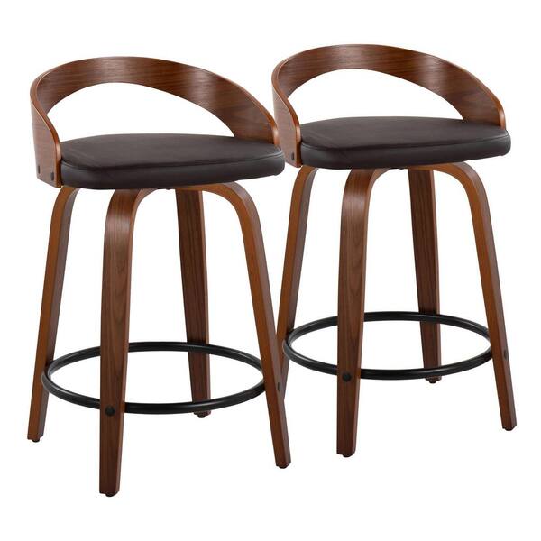 Lumisource Grotto 24 in. Brown Faux Leather, Walnut Wood and Black Metal Fixed-Height Counter Stool (Set of 2)