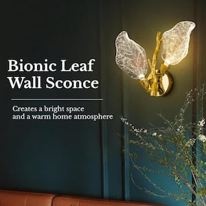 2-Light Gold Bionic Leaf Wall Sconce, LED Vanity Lighting Fixtures for Bathroom Hallway, Living Room, Stairs