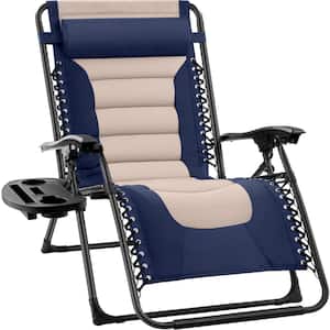 Oversized Padded Zero Gravity Navy/Oyster Metal Reclining Outdoor Lawn Chair with Side Tray