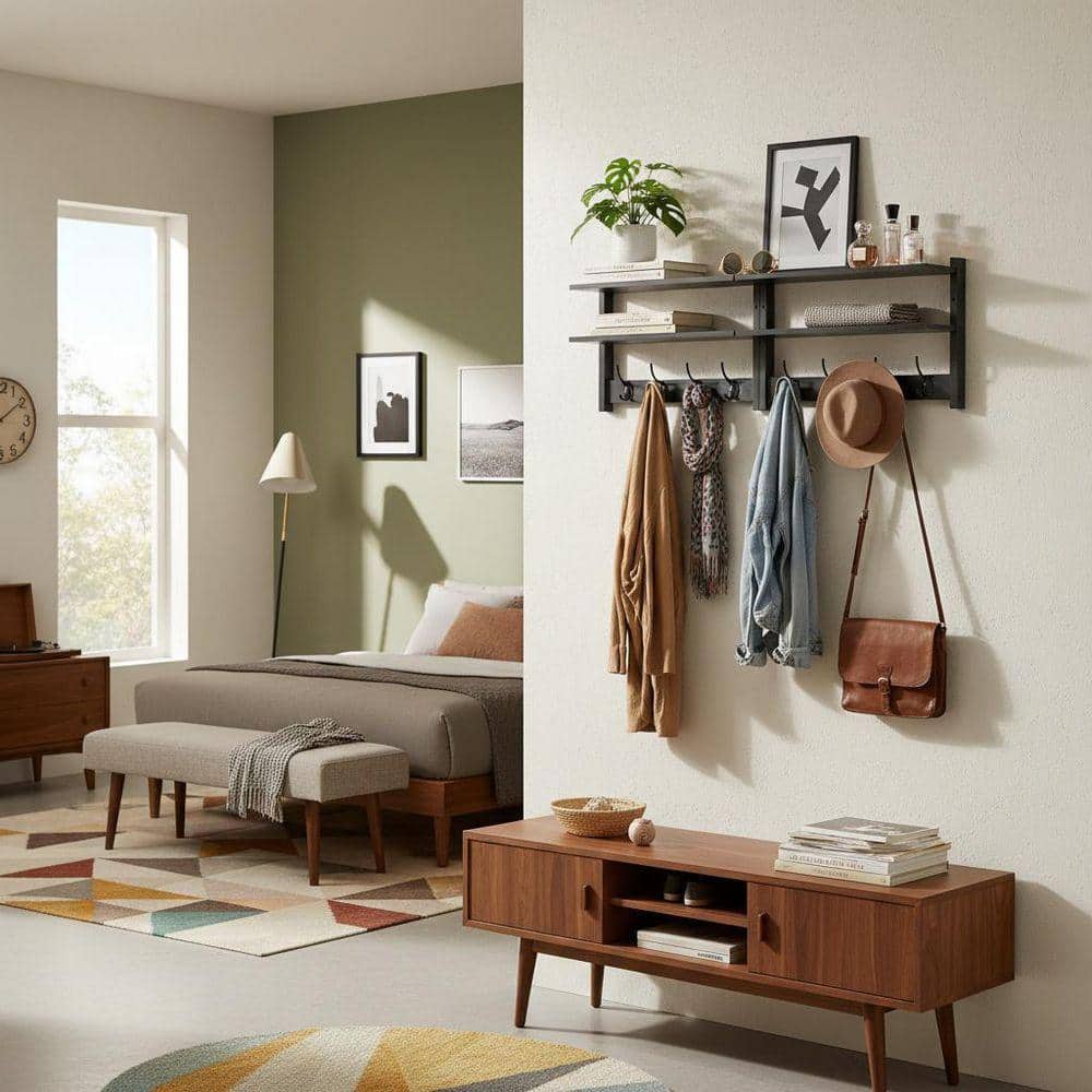 Black Wood Wall Mount 2-Tier Coat Rack with Shelf LINBQ476 - The