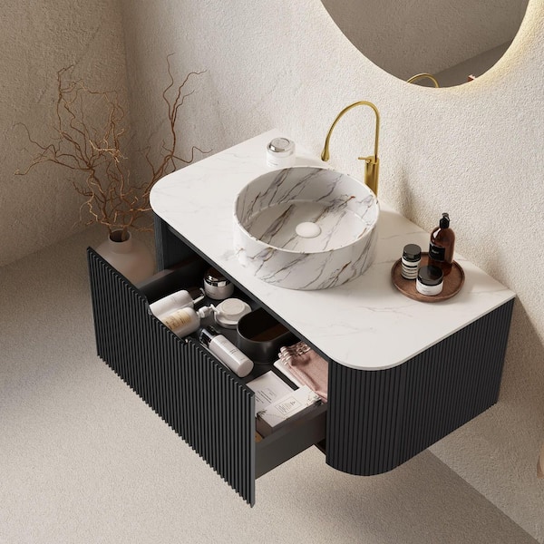 36 in. Single Sink Wall Mounted Black Bath Vanity with White Stone Top and Drawer Storage Cabinet Assembled