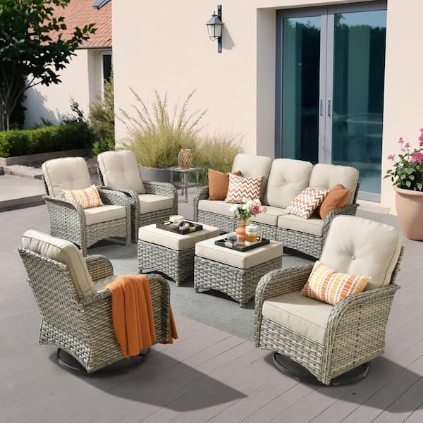 Beverly Gray 8-Piece Wicker Patio Conversation Sofa Swivel Lounge Chairs Set with Ottomans and Beige Cushions
