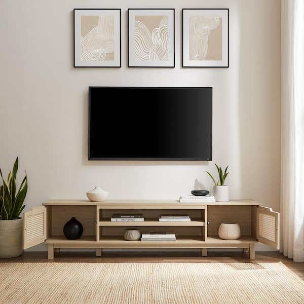 70 in. Modern Coastal Oak Wood TV Stand with 2 Faux Rattan Doors (Max TV Size 80 in.)