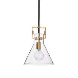 Essence 10 in. 1-Light Contemporary Black and Antique Gold Cone Pendant with Clear Glass Shade