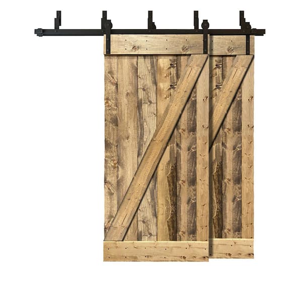 CALHOME 76 in. x 84 in. Z Bar Bypass Weather Oak Stained Solid Pine Wood Interior Double Sliding Barn Door with Hardware Kit