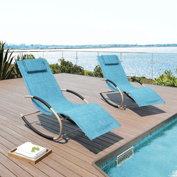 2-Piece Khaki Metal Patio Outdoor Rocking Chairs with Headrest in Blue