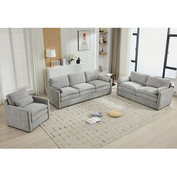 Norwyn Modern 3-Piece Light Grey Chenille Upholstered Living Room Sofa Set with Accent Chair and Pillows, 6 Seats
