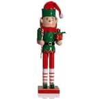 15 in. Wooden Christmas Elf Holiday Nutcracker-Red and Green Elf with Candy Cane and Gift Box Holiday Nutcracker Decor
