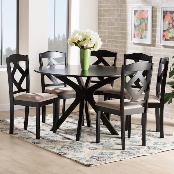 Baxton Studio Carlin 7 Piece Wood Top Sand and Dark Brown Dining