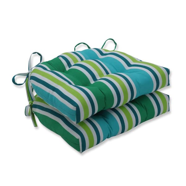 Pillow Perfect Striped 17.5 x 17 Outdoor Dining Chair Cushion in Blue/Green/Off-White (Set of 2)