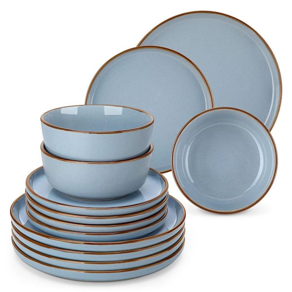 18-Piece Blue Stoneware Dinnerware Set (Service for 6) Sesame Speckles Pattern Dinner Plates Dessert Plates and Bowls