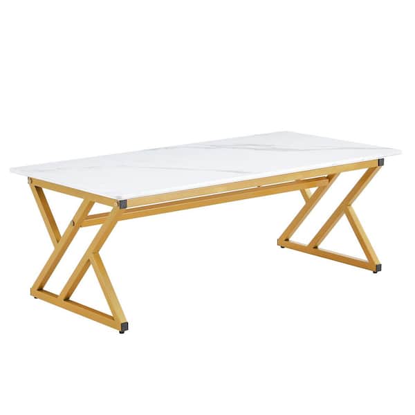 Polibi Modern 47 in. White/Gold Rectangle Stone Coffee Table
