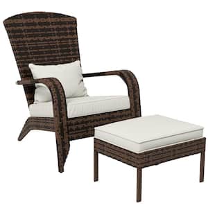 Brown Wicker Adirondack Chair with Ottoman, Beige Cushions, High-Back, Large Seat, Armrests
