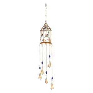 33 in. Gold Metal Floral Indoor Outdoor Birdcage Windchime with Glass Beads and Bells