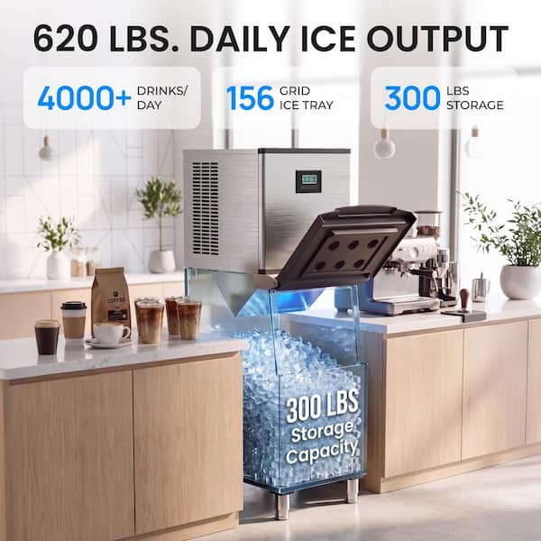 20.3 in. Stainless Steel Commercial Ice Maker 620 lbs./24H Freestanding, Full Size Cubes, with 300 lbs. Storage Bin