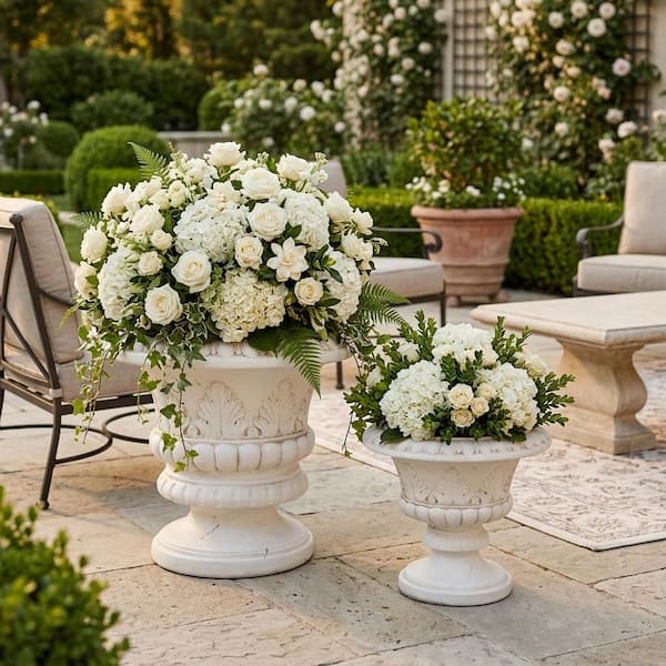 16 in. and 22 in. Ivory Ceramic Traditional Urn Decorative Pots (Set of 2)