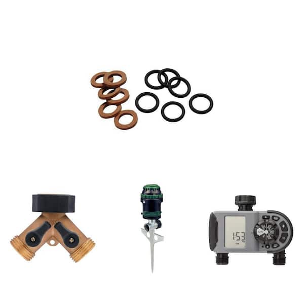 O-ring Washer 12-pk, Brass 2-Way Faucet Adapter, 2-Outlet Timer and H2O-Six Rotating Sprinkler Combo