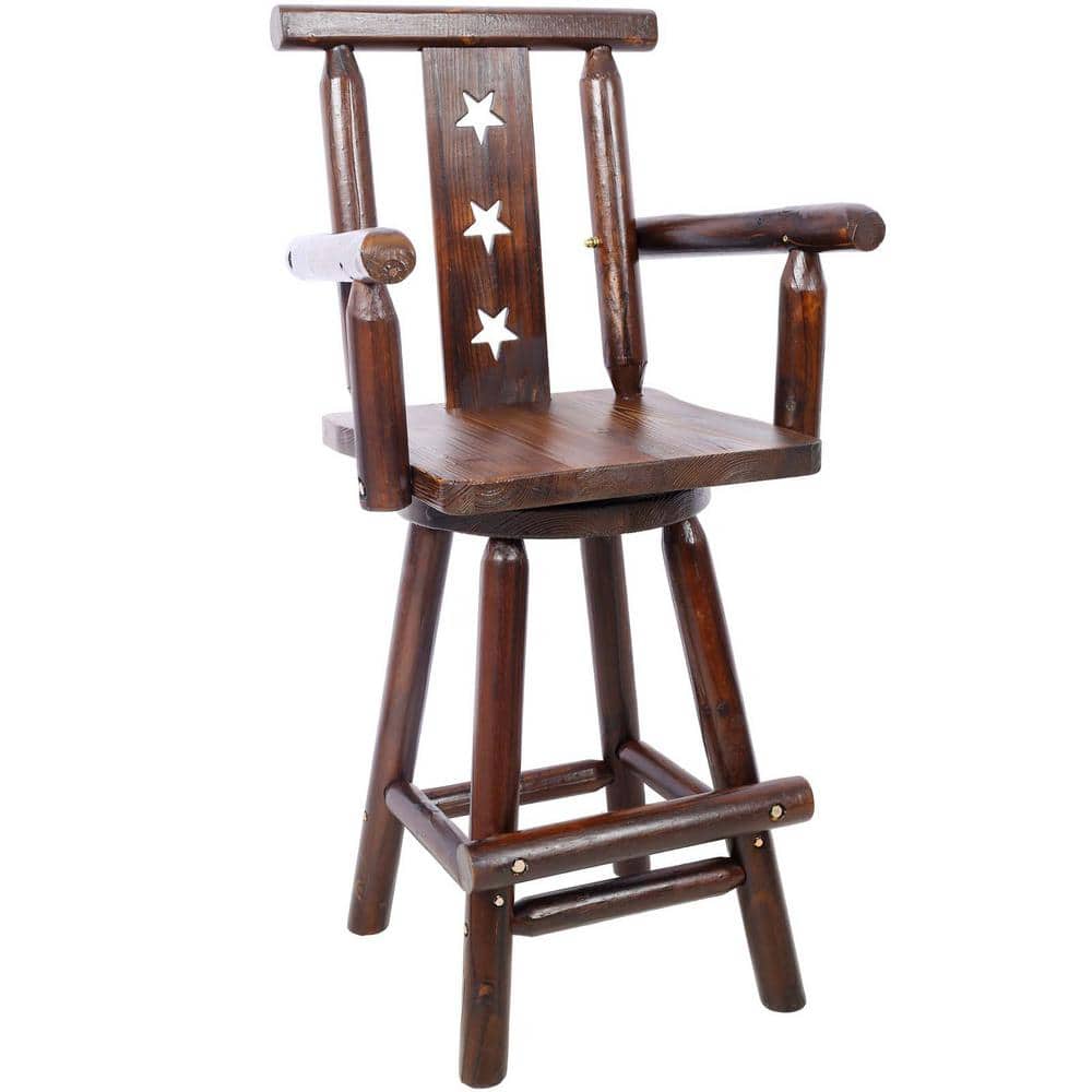Brown Swivel Wood Outdoor Bar Stool Wide Armrest Bar Chair with Decorative 
