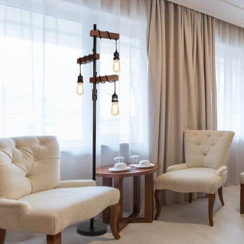 68 Inch Black Metal and Wood Tree Floor Lamp with Dimmable Lights