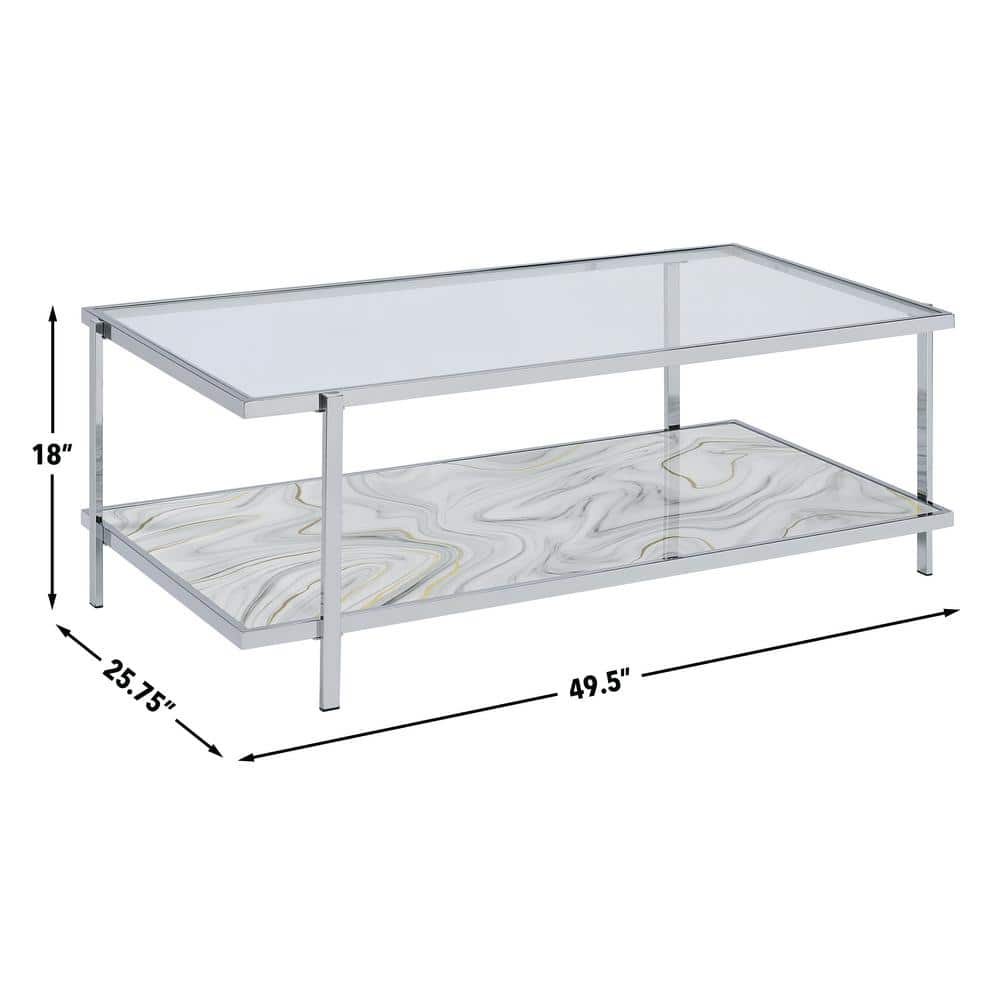 Mika 50" Rectangular Glass and Chrome Coffee Table with Faux-Stone Shelf