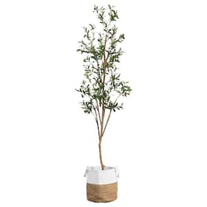 7 ft. Artificial Olive Tree with Natural Trunk and Handmade Jute Basket