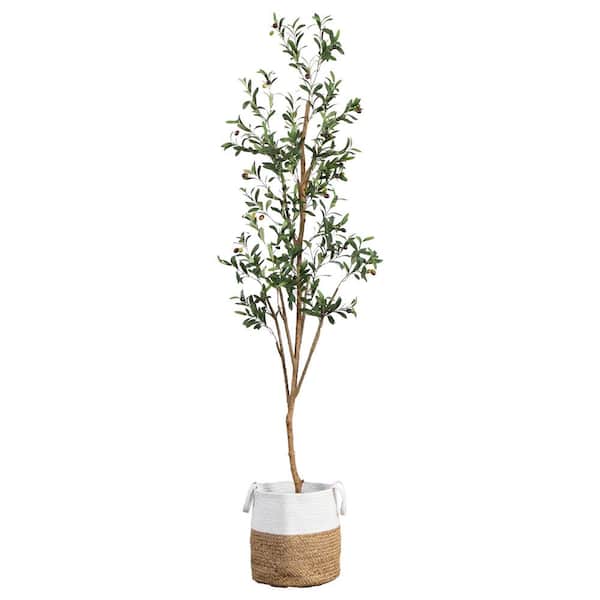 Nearly Natural 7 ft. Artificial Olive Tree with Natural Trunk and Handmade Jute Basket